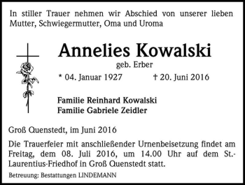 Traueranzeige von Annelies Kowalski (geb. Erber)  von Magdeburger Volksstimme