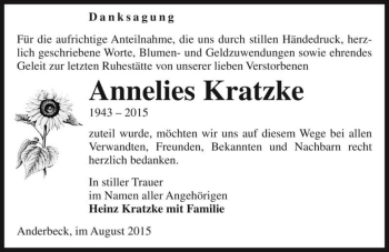 Traueranzeige von Annelies Kratzke  von Magdeburger Volksstimme
