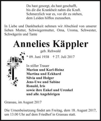 Traueranzeige von Annelies Käppler (geb. Rehwald)  von Magdeburger Volksstimme