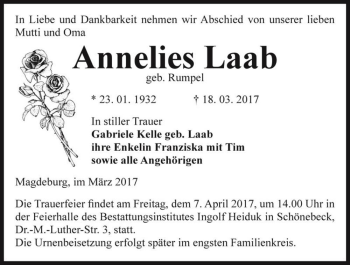 Traueranzeige von Annelies Laab (geb. Rumpel)  von Magdeburger Volksstimme