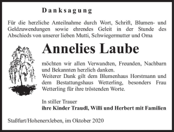 Traueranzeige von Annelies Laube  von Magdeburger Volksstimme