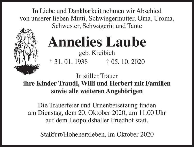 Traueranzeige für Annelies Laube (geb. Kreibich)  vom 10.10.2020 aus Magdeburger Volksstimme
