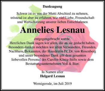 Traueranzeige von Annelies Lesnau  von Magdeburger Volksstimme