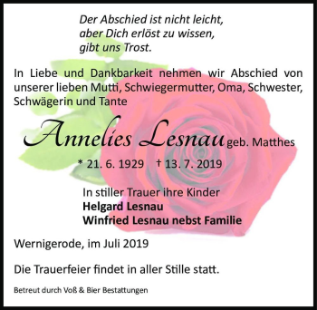 Traueranzeige von Annelies Lesnau (geb. Matthes)  von Magdeburger Volksstimme