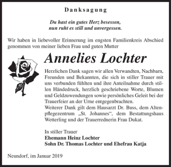 Traueranzeige von Annelies Lochter  von Magdeburger Volksstimme