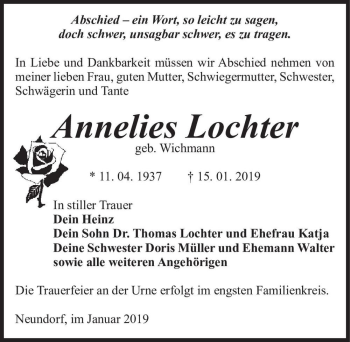 Traueranzeige von Annelies Lochter (geb. Wichmann)  von Magdeburger Volksstimme