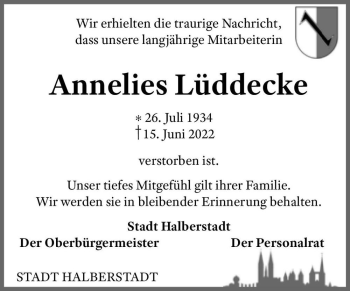 Traueranzeige von Annelies Lüddecke  von Magdeburger Volksstimme