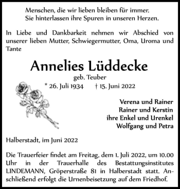 Traueranzeige von Annelies Lüddecke (geb. Teuber)  von Magdeburger Volksstimme