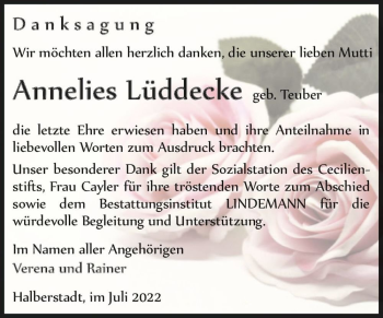 Traueranzeige von Annelies Lüddecke (geb. Teuber)  von Magdeburger Volksstimme