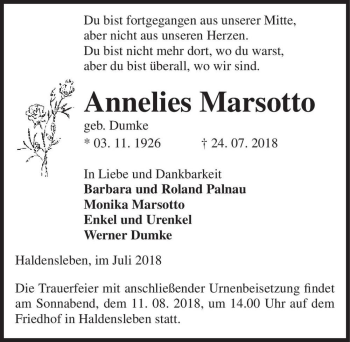Traueranzeige von Annelies Marsotto (geb. Dumke)  von Magdeburger Volksstimme