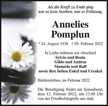Traueranzeige von Annelies Pomplun  von Magdeburger Volksstimme