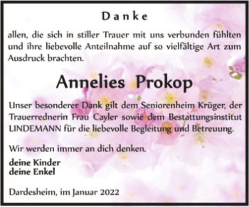 Traueranzeige von Annelies Prokop  von Magdeburger Volksstimme