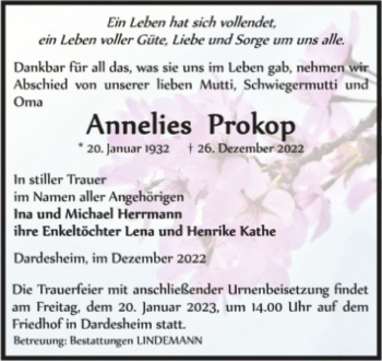 Traueranzeige von Annelies Prokop  von Magdeburger Volksstimme