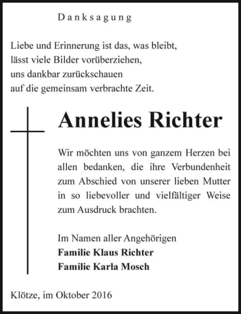 Traueranzeige von Annelies Richter  von Magdeburger Volksstimme