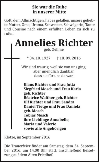 Traueranzeige von Annelies Richter (geb. Oehme)  von Magdeburger Volksstimme