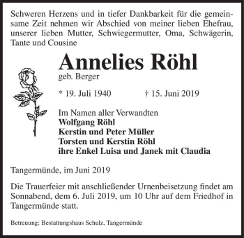 Traueranzeige von Annelies Röhl (geb. Berger)  von Magdeburger Volksstimme