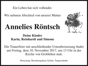 Traueranzeige von Annelies Röntsch  von Magdeburger Volksstimme