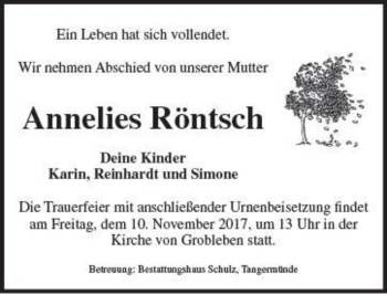 Traueranzeige von Annelies Röntsch  von Magdeburger Volksstimme