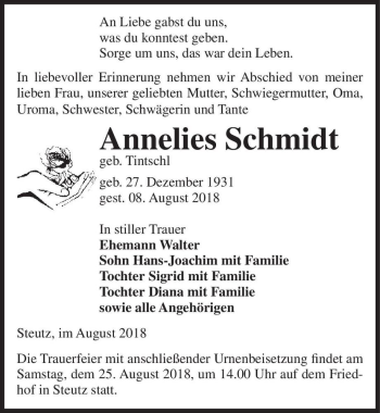 Traueranzeige von Annelies Schmidt (geb. Tintschl)  von Magdeburger Volksstimme