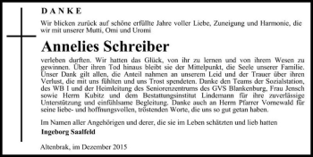 Traueranzeige von Annelies Schreiber  von Magdeburger Volksstimme