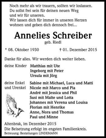 Traueranzeige von Annelies Schreiber (geb. Riedl)  von Magdeburger Volksstimme