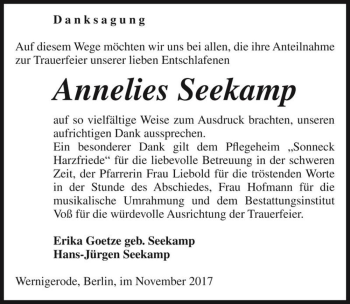 Traueranzeige von Annelies Seekamp  von Magdeburger Volksstimme