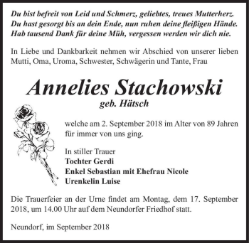 Traueranzeige von Annelies Stachowski (geb. Hätsch)  von Magdeburger Volksstimme