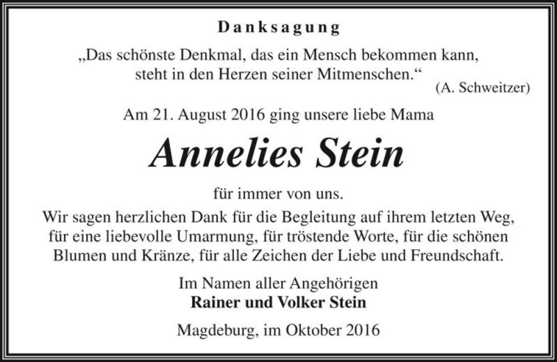  Traueranzeige für Annelies Stein  vom 01.10.2016 aus Magdeburger Volksstimme