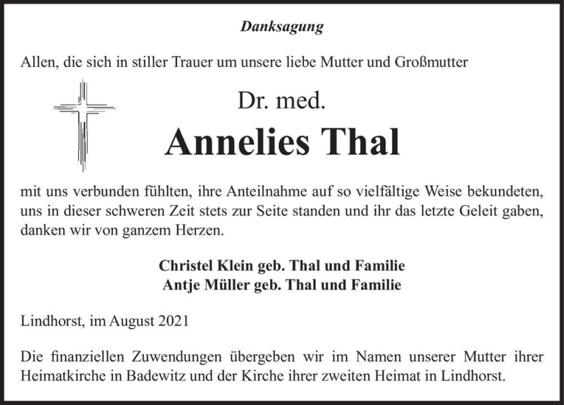  Traueranzeige für Annelies Thal  vom 21.08.2021 aus Magdeburger Volksstimme