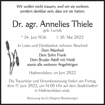 Traueranzeige von Annelies Thiele (geb. Luniak)  von Magdeburger Volksstimme