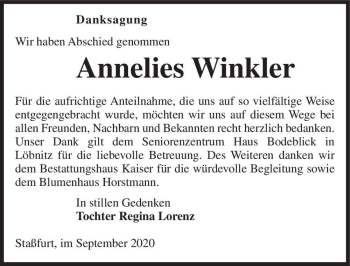 Traueranzeige von Annelies Winkler  von Magdeburger Volksstimme