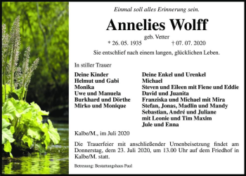 Traueranzeige von Annelies Wolff (geb. Vetter)  von Magdeburger Volksstimme
