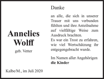 Traueranzeige von Annelies Wolff (geb. Vetter)  von Magdeburger Volksstimme