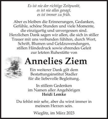 Traueranzeige von Annelies Ziem  von Magdeburger Volksstimme