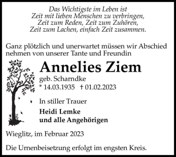 Traueranzeige von Annelies Ziem (geb. Scharndke)  von Magdeburger Volksstimme