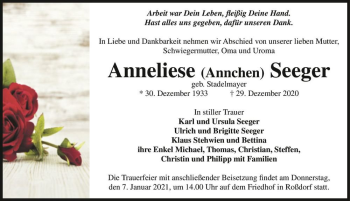 Traueranzeige von Anneliese (Annchen) Seeger (geb. Stadelmayer)  von Magdeburger Volksstimme