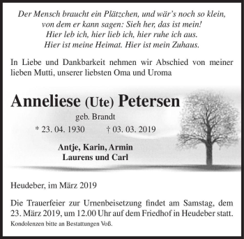 Traueranzeige von Anneliese (Ute) Petersen (geb. Brandt)  von Magdeburger Volksstimme