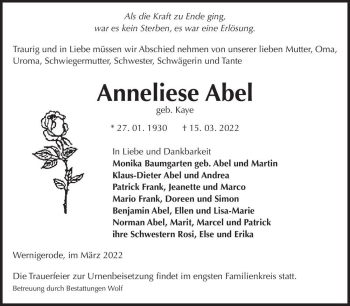Traueranzeige von Anneliese Abel (geb. Kaye)  von Magdeburger Volksstimme