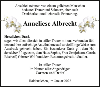 Traueranzeige von Anneliese Albrecht  von Magdeburger Volksstimme