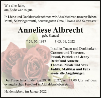 Traueranzeige von Anneliese Albrecht (geb. Stenzel)  von Magdeburger Volksstimme