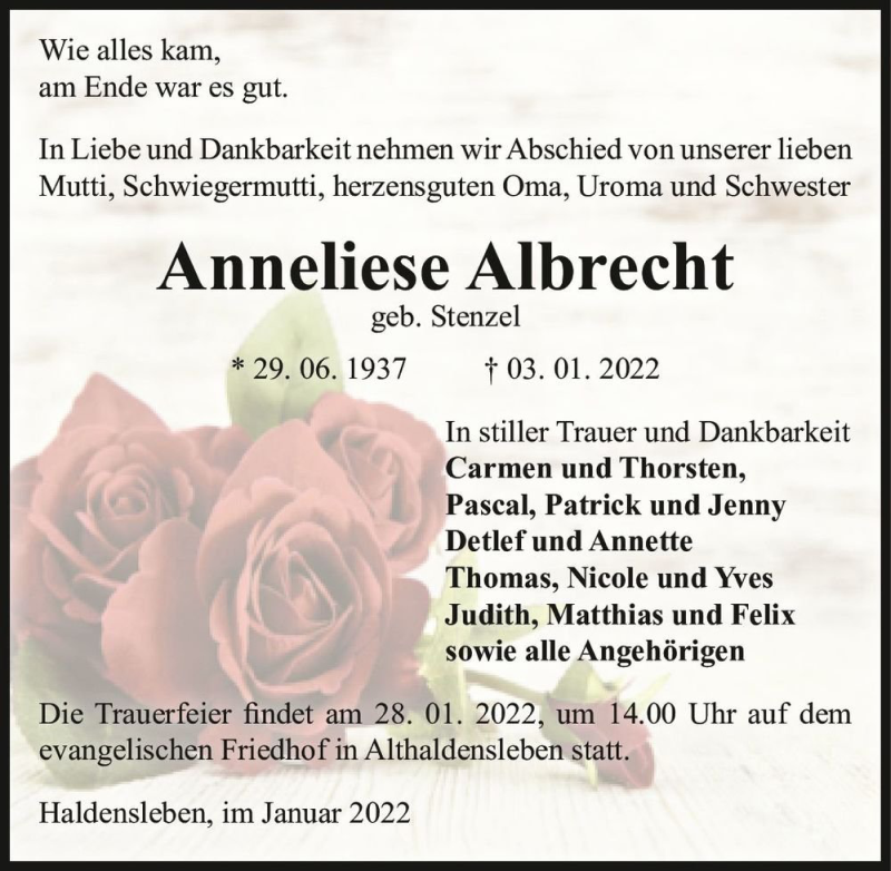  Traueranzeige für Anneliese Albrecht (geb. Stenzel)  vom 11.01.2022 aus Magdeburger Volksstimme