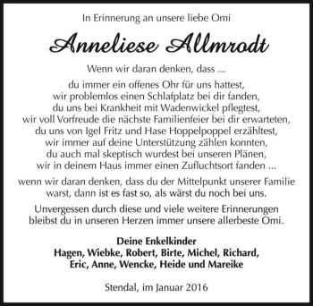 Traueranzeige von Anneliese Allmrodt  von Magdeburger Volksstimme