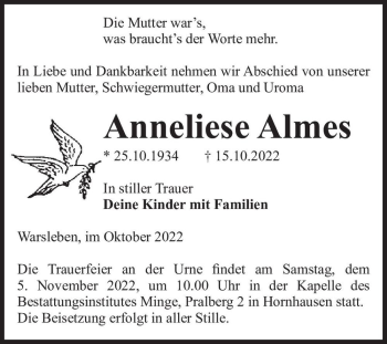 Traueranzeige von Anneliese Almes  von Magdeburger Volksstimme