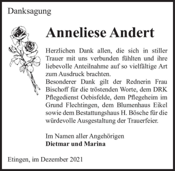 Traueranzeige von Anneliese Andert  von Magdeburger Volksstimme