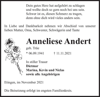 Traueranzeige von Anneliese Andert (geb. Trüe)  von Magdeburger Volksstimme