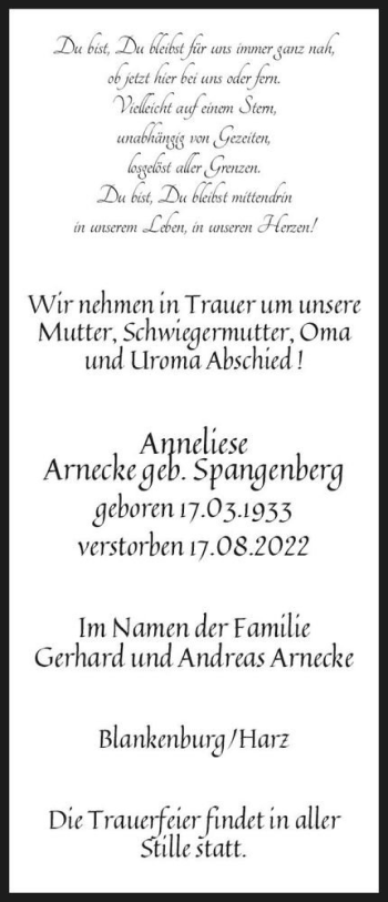 Traueranzeige von Anneliese Arnecke (geb. Spangenberg)  von Magdeburger Volksstimme