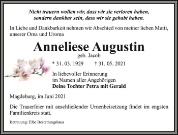 Traueranzeige von Anneliese Augustin (geb. Jacob)  von Magdeburger Volksstimme