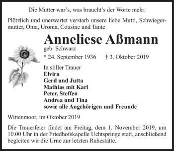 Traueranzeige von Anneliese Aßmann (geb. Schwarz)  von Magdeburger Volksstimme