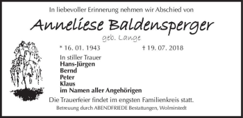 Traueranzeige von Anneliese Baldensperger (geb. Lange)  von Magdeburger Volksstimme