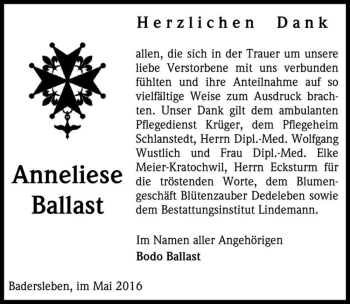 Traueranzeige von Anneliese Ballast  von Magdeburger Volksstimme